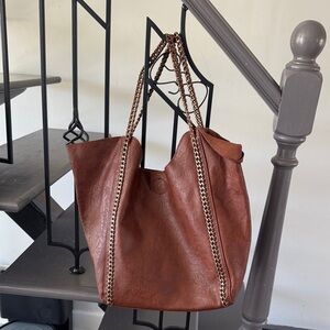 Chic Brown Leather Tote with Chain Detail